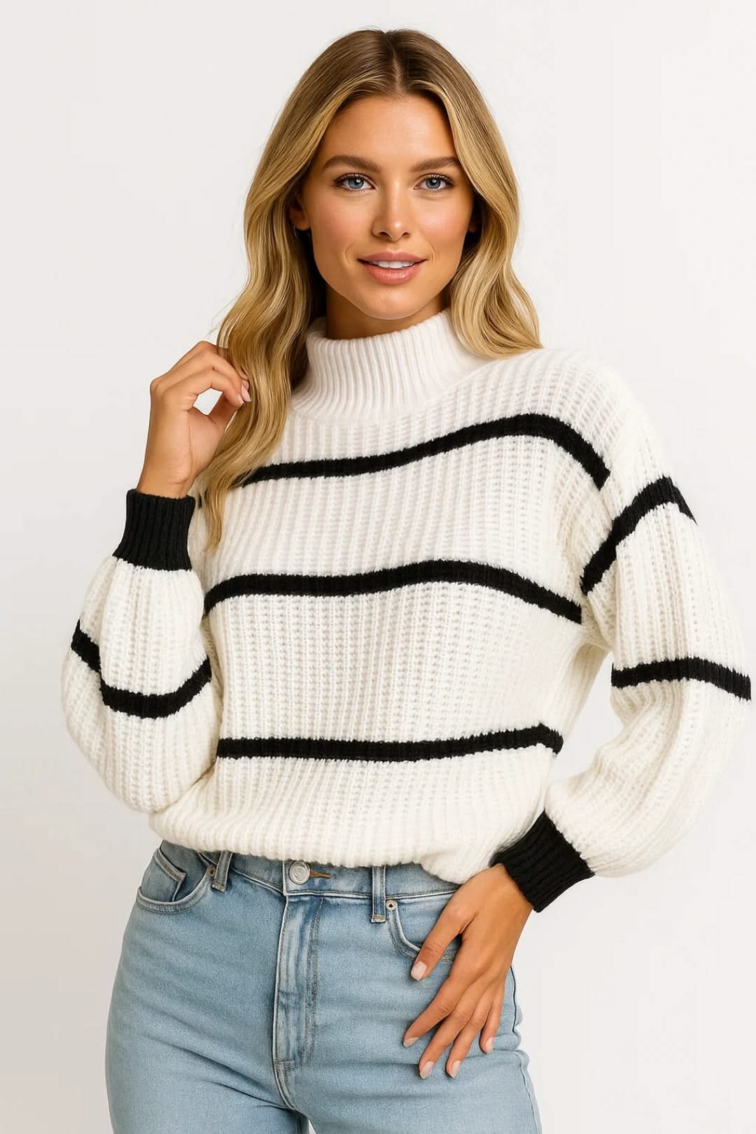 SERELLE STAND COLLAR STRIPED SWEATER - Image 2